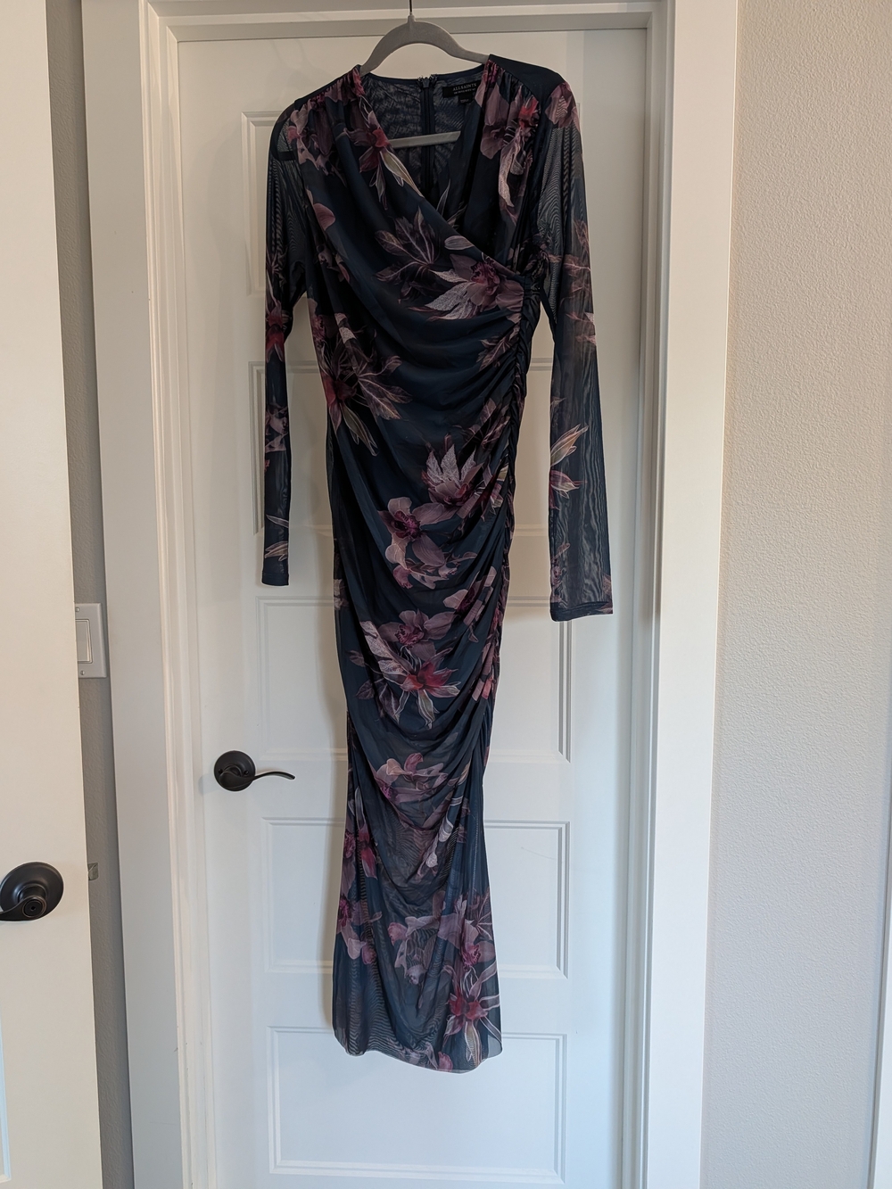 AllSaints Navy Long Sleeve Floral Ruched Maxi Dress
